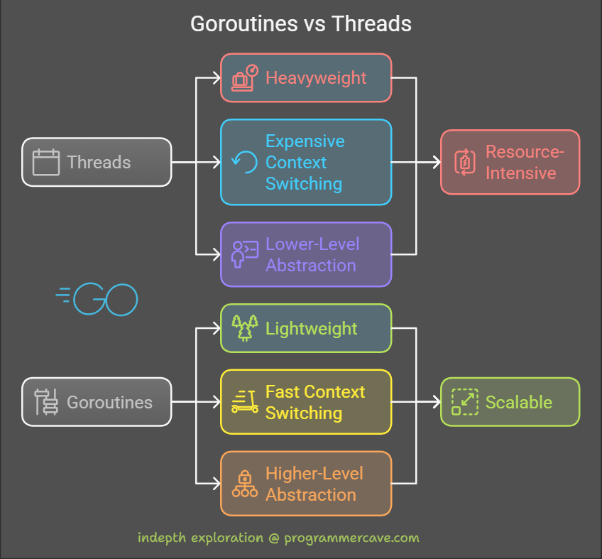 What are difference between Goroutines and Threads?